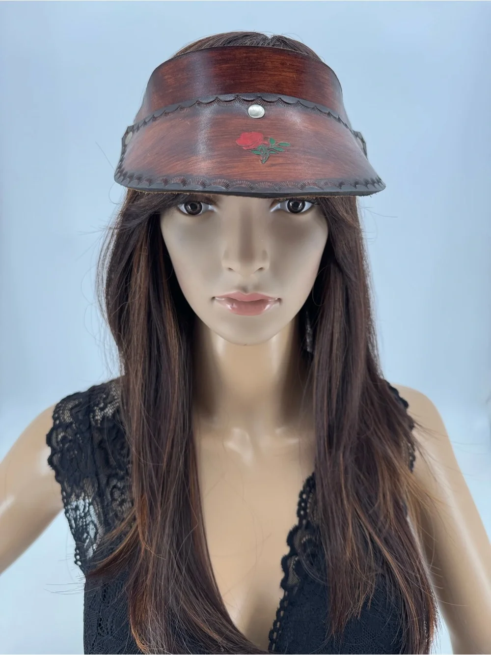 Vintage 70s Boho Hippie Groovy Western Tooled Leather Floral Sun Gambler Visor